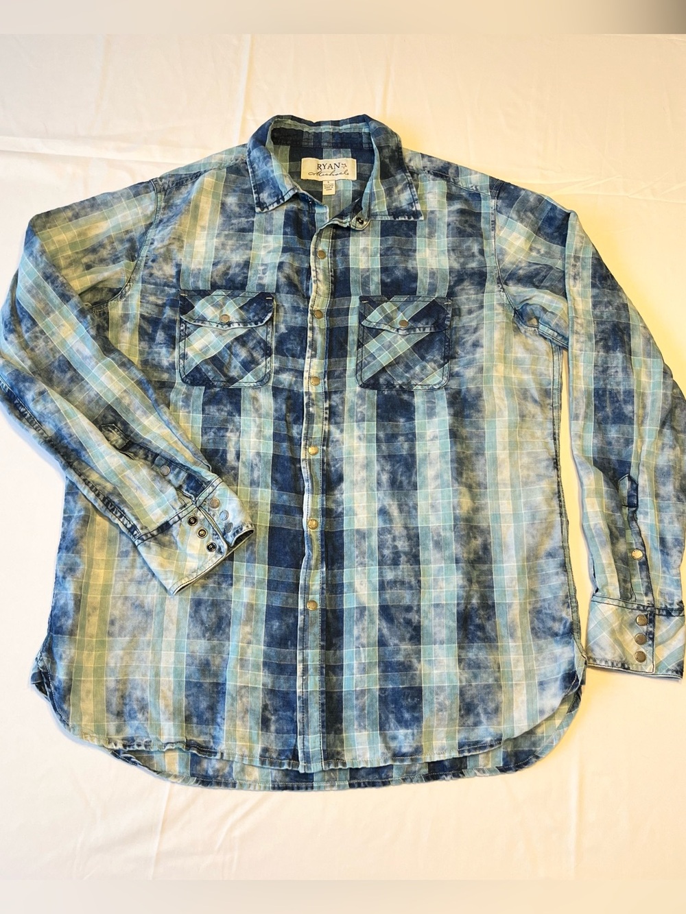 Ryan Michael Indigo Plaid Western Snap Shirt Linen Blend Large